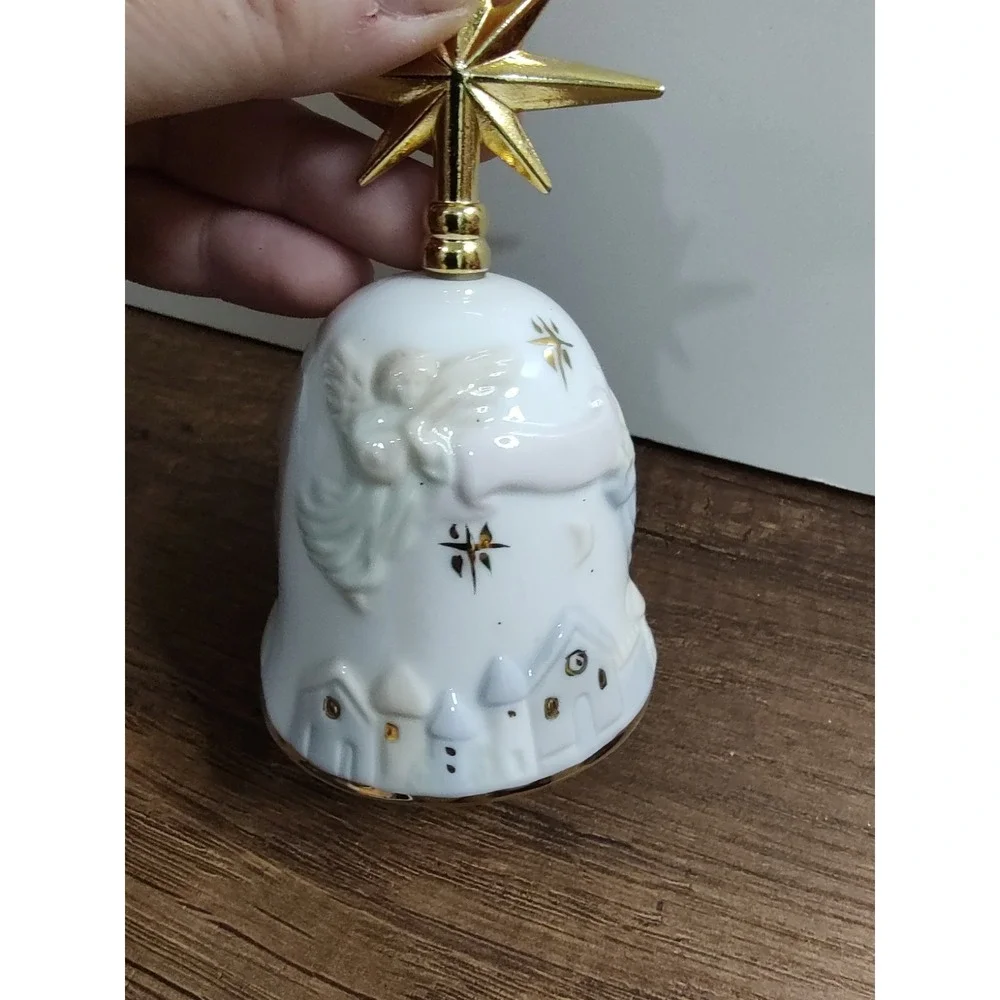 VTG Porcelain Russ Berries Angels Over City Gild Tone Star Bell S11